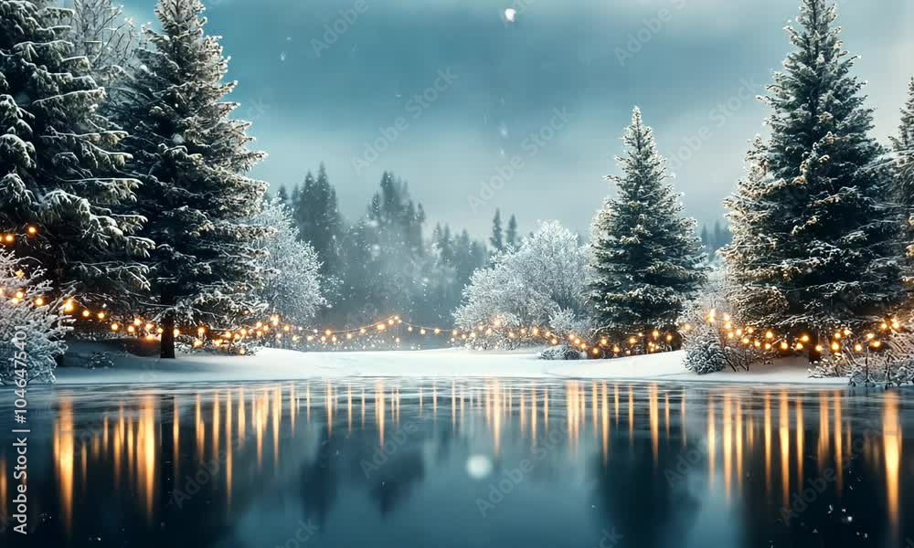 Poster an elegant winter landscape with gently falling snowflakes over a frozen lake, surrounded by frosty 