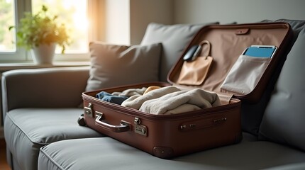 Open leather retro suitcase on the sofa. Packing things in a suitcase for vacation. An open suitcase lies on the sofa.
