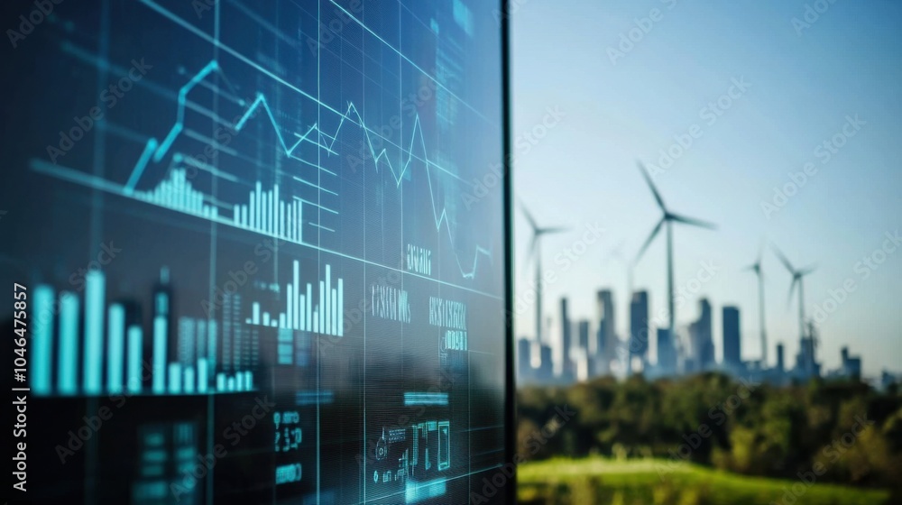 Poster business in net zero transition featuring a corporate meeting with digital charts showing carbon neu