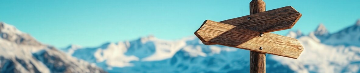 An isolated wooden signpost stands against a breathtaking mountain view, offering directions amidst stunning natural beauty. Perfect for travel themes.