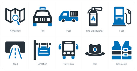 A set of 10 travel and vacation icons as naviagtion, taxi, truck