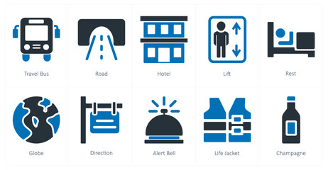 A set of 10 travel and vacation icons as travel bus, road, hotel