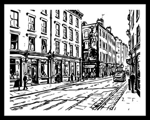 City Architecture. Black and white line art. Pattern to print for wall decorations