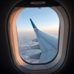 Fototapeta premium View of an airplane wing in the sky from a window. Flight on an airplane, view from the airplane window.