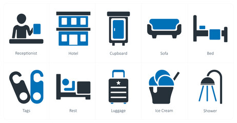 A set of 10 travel and vacation icons as receptionist, hotel, cupboard
