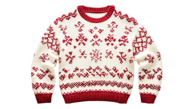 Cozy holiday sweater featuring intricate red and white patterns perfect for winter gatherings and festive celebrations.