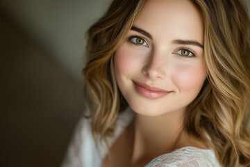 Radiant close-up portrait of a smiling blonde woman with natural beauty, AI generated