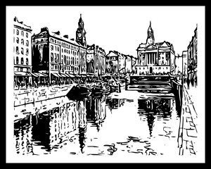 Fototapeta premium City Architecture. Black and white line art. Pattern to print for wall decorations