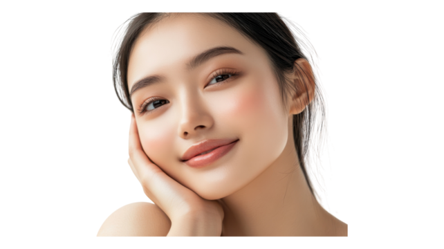 Young woman smiling gently while resting her chin on her hand in a soft natural setting during daylight.