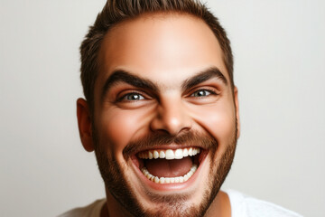 Joyful close-up portrait of an enthusiastic man with a wide smile, AI generated