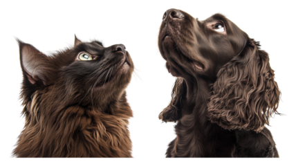 Contrast between a curious cat and an attentive dog showcasing their unique expressions and features side by side.