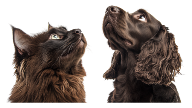 Contrast between a curious cat and an attentive dog showcasing their unique expressions and features side by side.