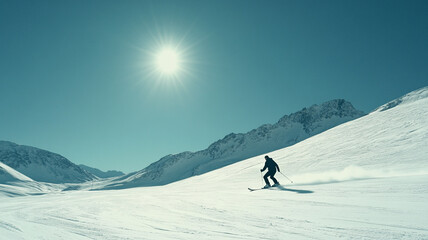 Snowboarder gliding on a pristine mountain slope under a clear blue sky