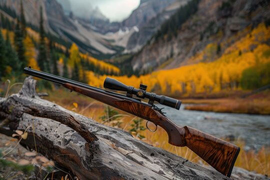 Rifle resting on log