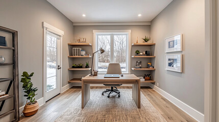 a minimalist basement office with a clean desk set