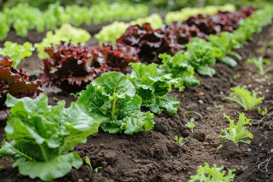 Rows of green lettuce and red salad plants in the organic vegetable garden