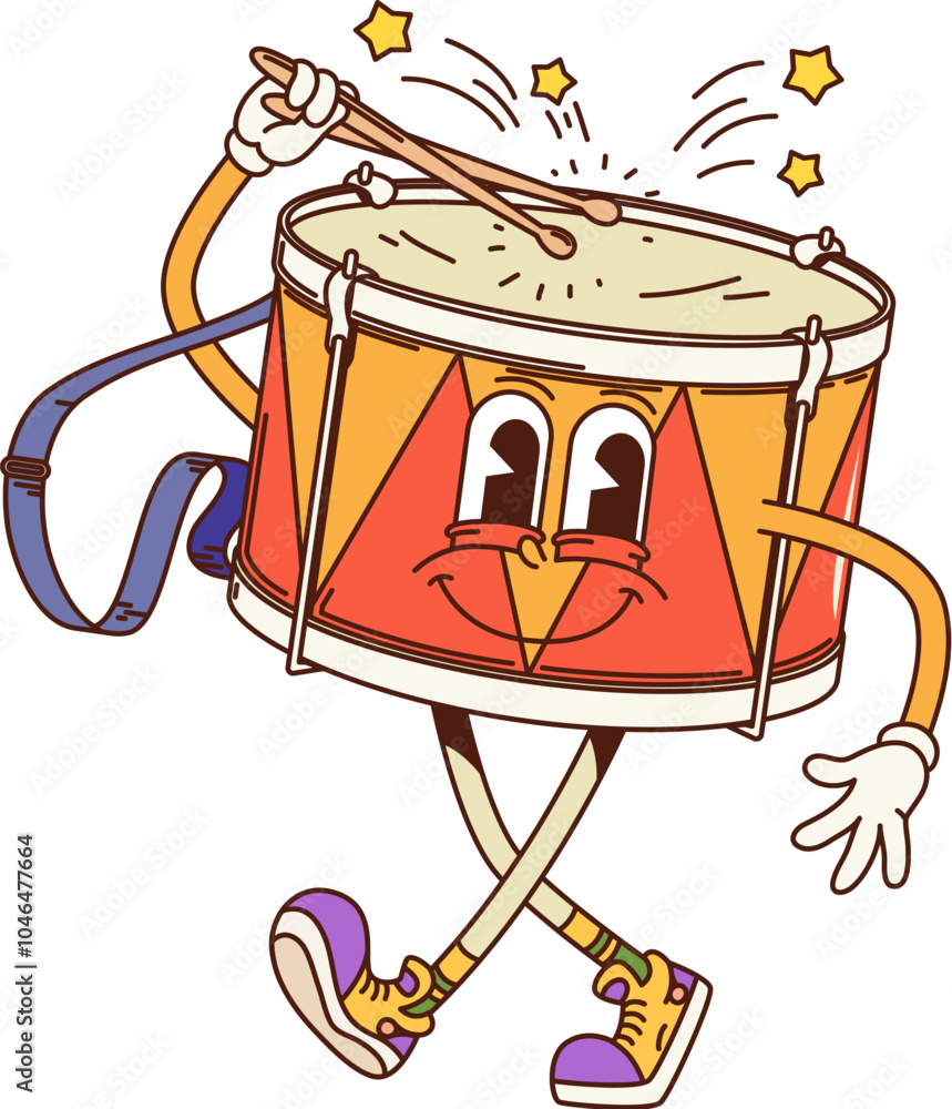 Poster cartoon drum groovy musical instrument character with sticks promotes educational classes for kids w