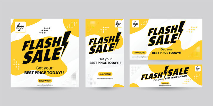 Set of social media template designs with various ratio orientations from portrait to landscape package. Yellow banner design with bold flash shape for sales event promotion
