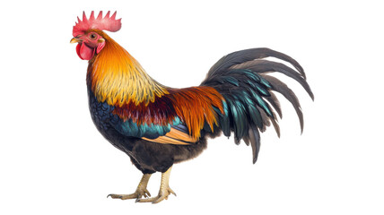 Fototapeta premium Colorful rooster with vibrant plumage standing proudly against a transparent background.