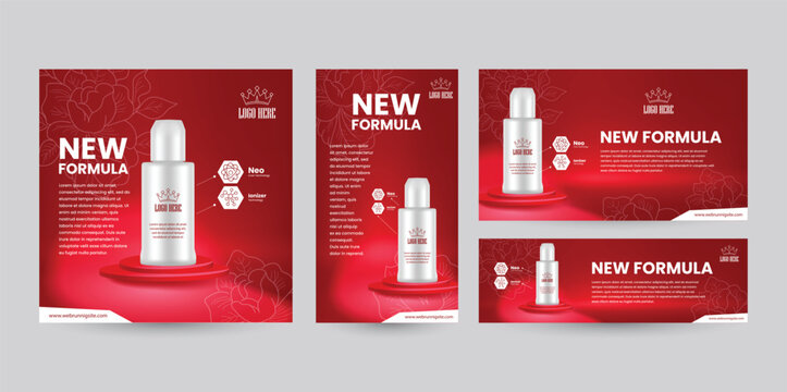 Set of social media template designs with various ratio orientations from portrait to landscape package. Red banner design with bottle display mockup for beauty product promotion