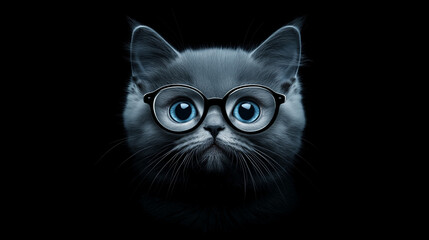 Cute Cat in Glasses with Blue Eyes Against Black Background