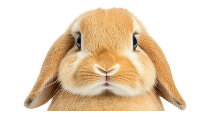 A close-up view of a fluffy orange rabbit with bright blue eyes against a transparent background, showcasing its adorable features.