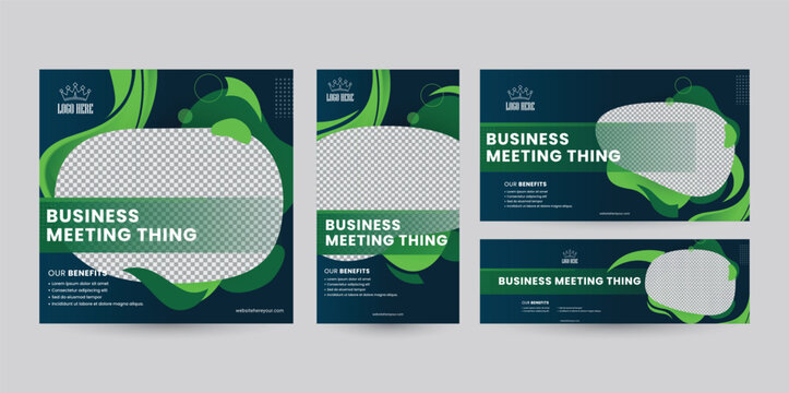 Set of social media template designs with various ratio orientations from portrait to landscape package. Dark green banner design with fluid shape design for business