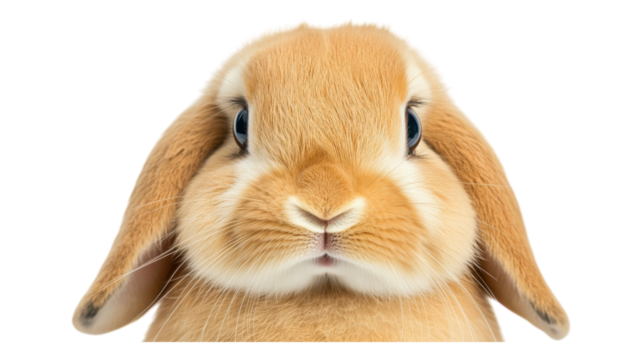 A close-up view of a fluffy orange rabbit with bright blue eyes against a transparent background, showcasing its adorable features.