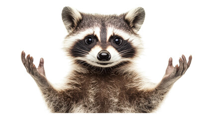 Fototapeta premium A curious raccoon stands with outstretched paws, showcasing its playful nature in a lighthearted moment suitable for any animal enthusiast.