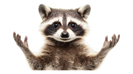 A curious raccoon stands with outstretched paws, showcasing its playful nature in a lighthearted moment suitable for any animal enthusiast.