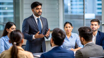An Indian HR professional leading a training session for employees in a conference room.	
