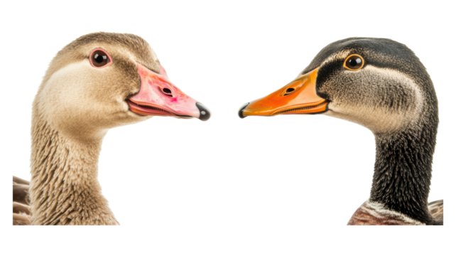 Two distinct duck heads facing each other showcasing unique features and coloration under bright lighting.