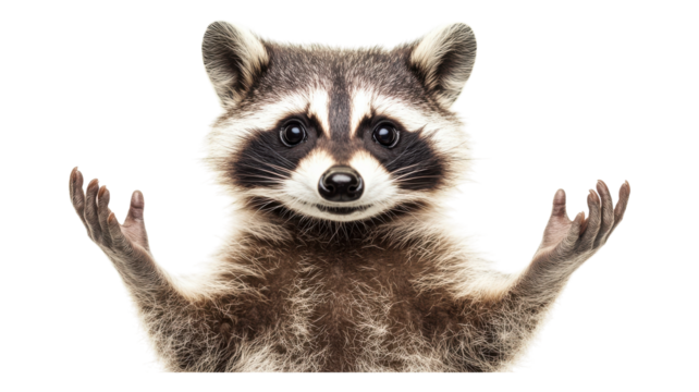A curious raccoon stands with outstretched paws, showcasing its playful nature in a lighthearted moment suitable for any animal enthusiast.