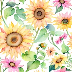A vibrant floral pattern featuring sunflowers and pink flowers entwined with green leaves on a soft pastel background