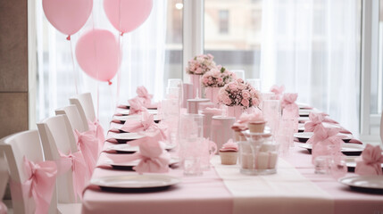 Pink white tablescape elegant coquette girly table decor gift boxes cupcakes floral balloons event styling bridal shower baby party celebration tea wedding birthday feminine pastel banner copy space