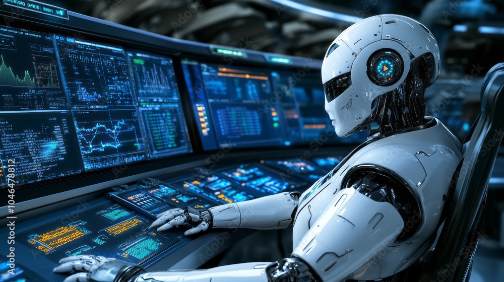 Leinwandbilder a robot is sitting in front of a computer monitor with a blue face