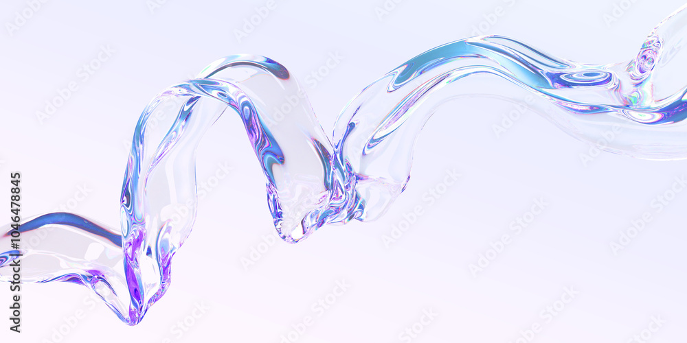 Poster 3d abstract liquid glass transparent clear ribbon water wave line render. iridescent fluid flow curv