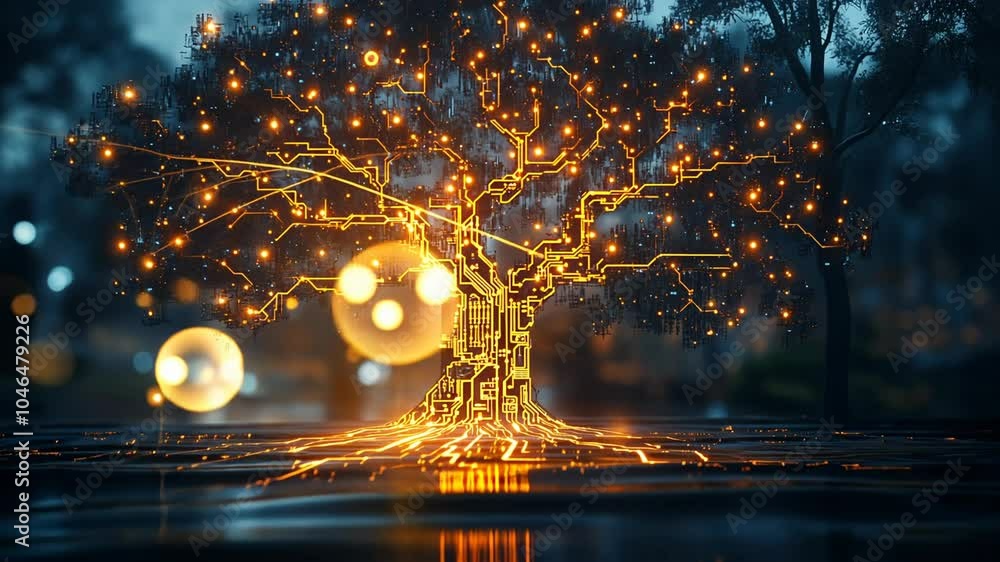 Wall mural a digital tree with glowing circuits stands in a dark environment.