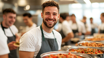 Smiling Chef in Busy Kitchen with International Students