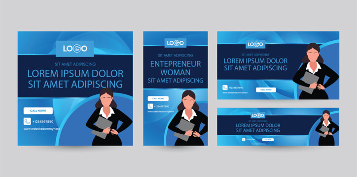 Set of social media template designs with various ratio orientations from portrait to landscape package. Blue banner design with image of a woman holding laptop for business or marketing promotion
