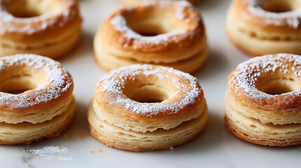 Close-up view of layered pastry donuts dusted with powdered sugar on a light surface, showcasing flaky texture and round shape.