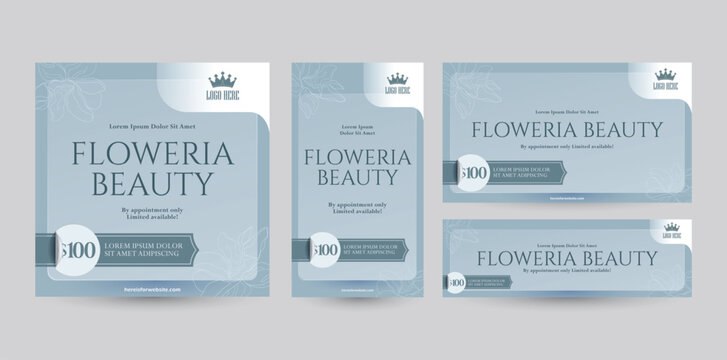 Set of social media template designs with various ratio orientations from portrait to landscape package. Blue grey banner design with flower outline for business or beauty products.
