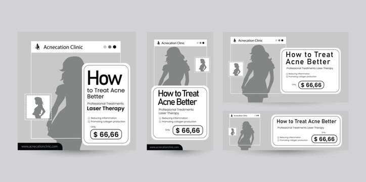 Set of social media template designs with various ratio orientations from portrait to landscape package. Grey silver banner design with a silhouette of a woman for business or beauty products.
