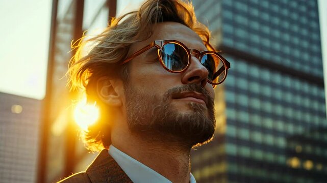 Confident businessman in sunglasses enjoys the sunset in a modern city.