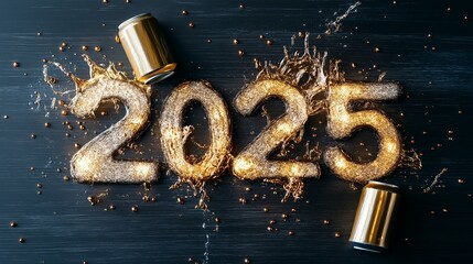 The number "2025" created with sparkling liquid and golden energy drink cans, with dynamic splashes and shimmering droplets on a dark background, conveying celebration and excitement