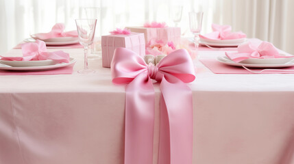 Coquette pink ribbon bow gift table decor soft romantic event tablescape feminine aesthetic celebration bridal baby shower girly delicate party pastel style banner copy space background blurred lux