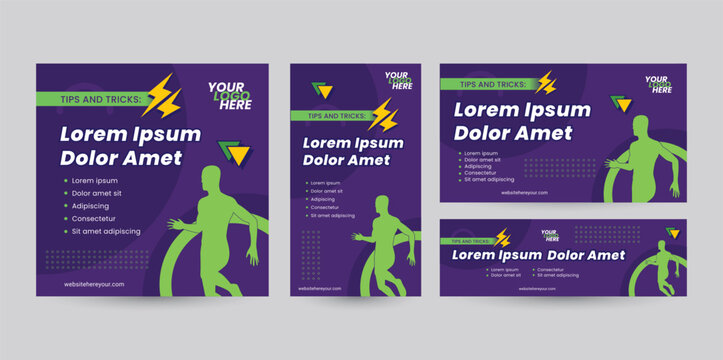 Set of social media template designs with various ratio orientations from portrait to landscape package. Purple banner design with a silhouette of a run people doing sport activity for healthy event