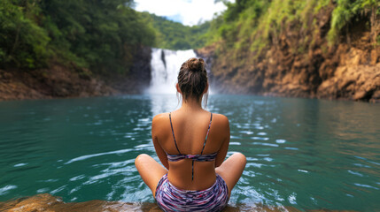 Obraz premium Person Relaxing at Natural Hot Spring by Waterfall