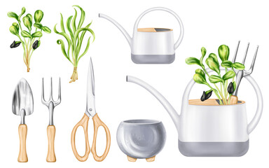 A set of garden tools rakes, shovels, scissors, pot, watering can, bunches of greenery. Equipment of florist and agronomist for cultivating land, farm, plant and flower. Digital isolated illustration