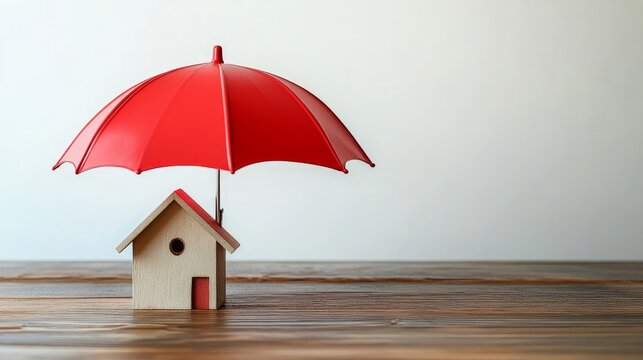 A small house model protected by a red umbrella, symbolizing home safety.

